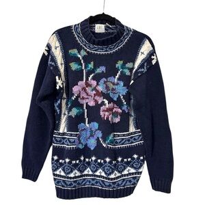 Vintage Floral Chunky Knit Cotton Blend Romantic Winter Sweater Womens Medium